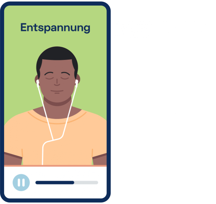 Darstellung eines Smartphones auf die Kaia Rückenschmerzen App geöffnet ist und ein Mann zu sehen ist, der eine Entspannungsübung macht.