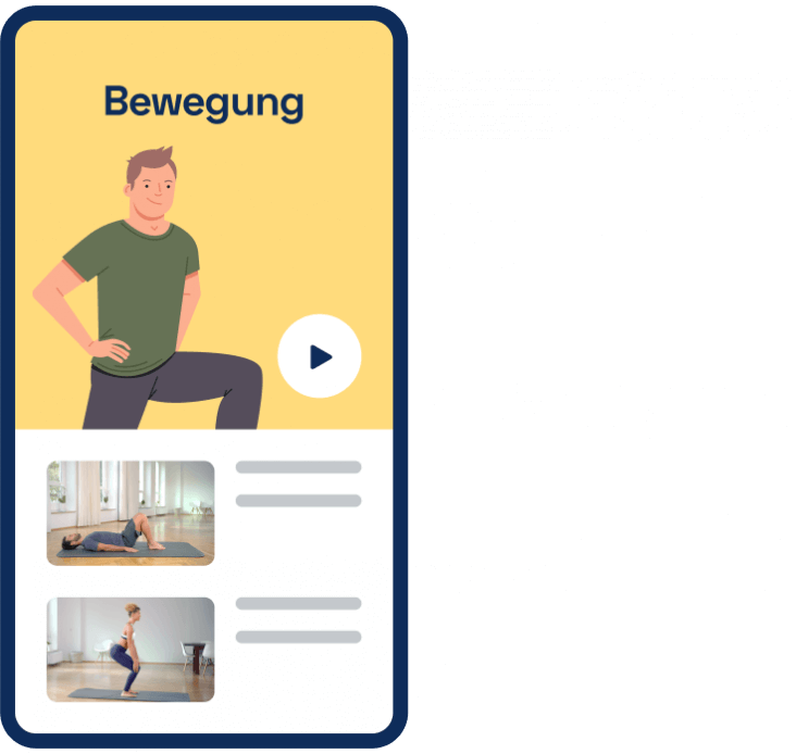 Darstellung eines Smartphones auf die Kaia Rückenschmerzen App geöffnet ist und ein Mann zu sehen ist, der eine Bewegungsübung macht.