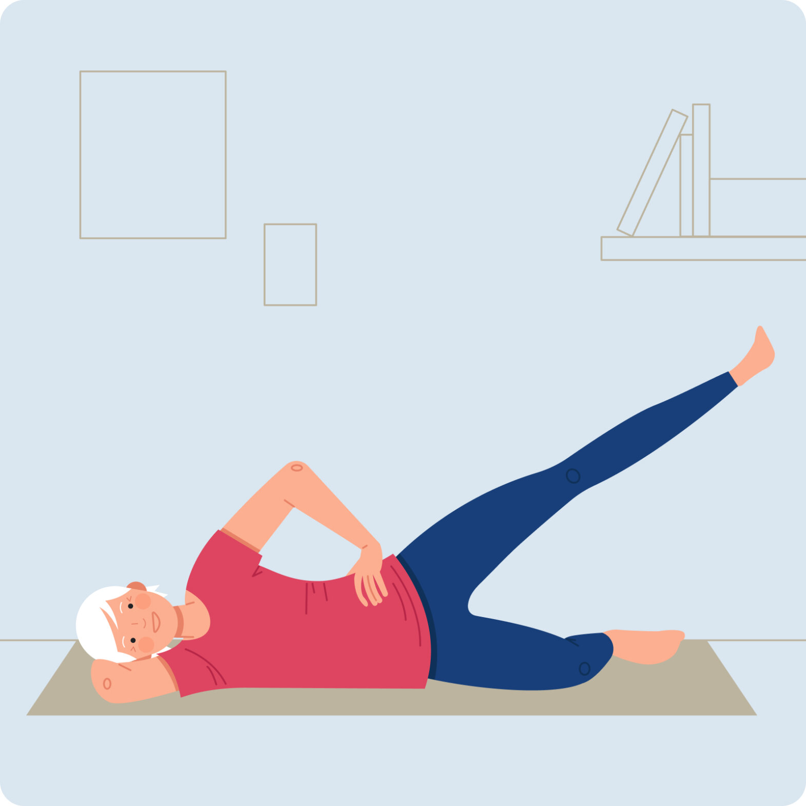 Illustration einer Frau die auf dem Boden auf einer Fitnessmatte liegt und Rückenübungen macht.
