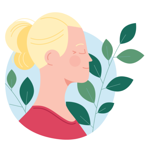 Illustration einer Frau mit geschlossenen Augen. Sie ist blond und sieht entspannt aus. Ihr Kopf ist vor Zweigen zu sehen.