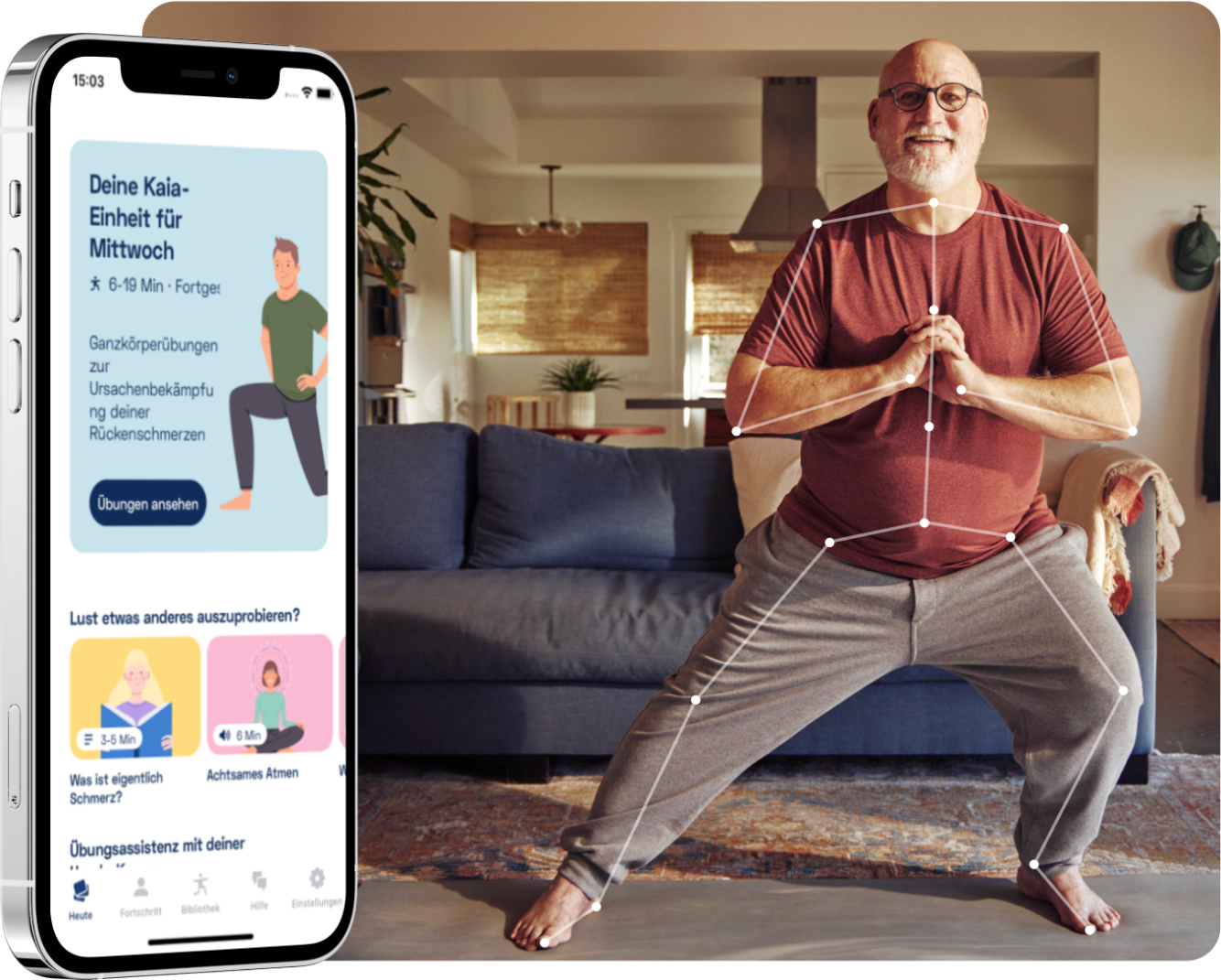 Darstellung der Kaia Rückenschmerzen App. Das Bild zeigt das Smartphone mit dem täglichen Therapieprogramm von Kaia und einen Mann, der gerade trainiert in seinem Wohnzimmer.
