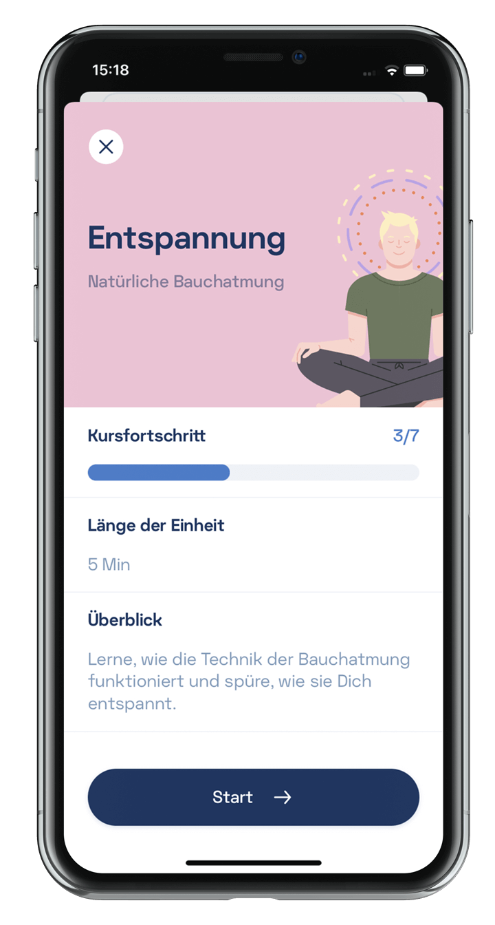 Darstellung der Kaia COPD App durch ein Smartphone auf dem eine Entspannungseinheit von Kaia geöffnet ist.
