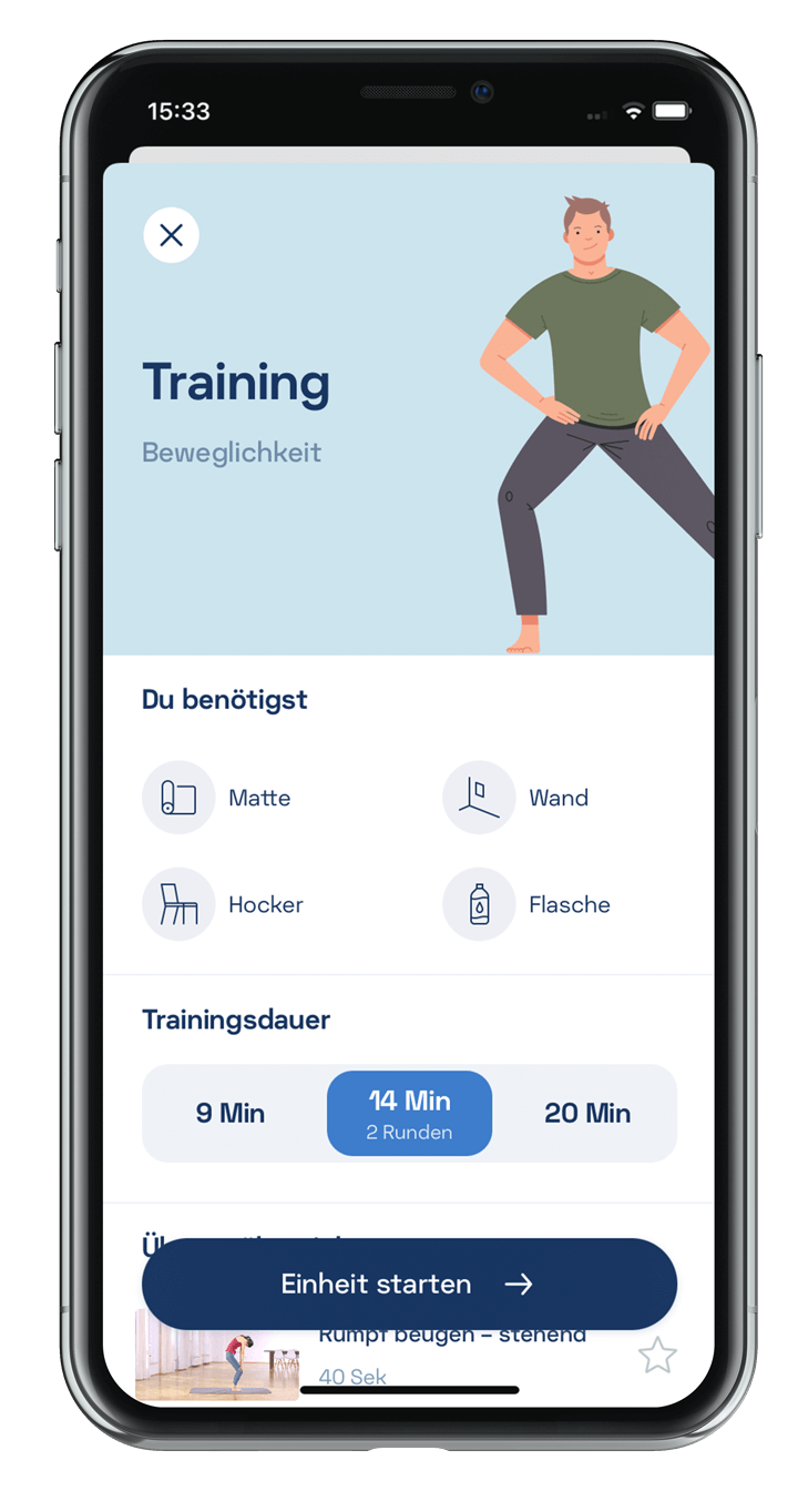 Smartphone Illustration der Kaia Rückenschmerzen App. So sieht die App aus, wenn man das Training des Tages beginnen will.