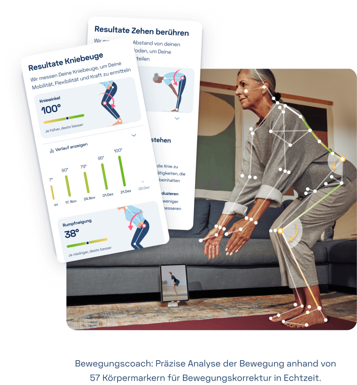 Seniorin führt in ihrem Wohnzimmer eine Kniebeuge aus. Auf ihren Körper sind digitale Marker projiziert, die die Lage ihrer Gelenke im Raum markieren. Seitlich neben ihr steht ein iPad, auf dem die Übung sichtbar ist, die sie gerade ausführt. Auf der linken Seite wird das Bild überlagert von zwei App-Screens der Kaia Rückenschmerzen App, die Resultate ihrer Übungen darstellen und die Ergebnisse der Kniewinkel- sowie Rumpfneigungsmessung wiedergeben